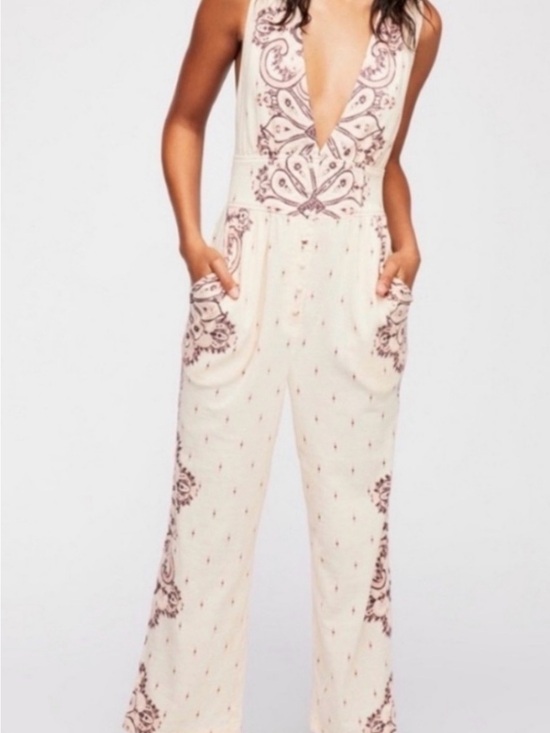 Free People Pants - Free People Cream Sleeveless Jumpsuit with Brown Paisley Accents